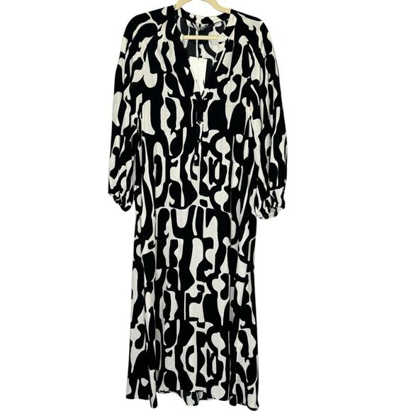NWT Zara Abstract Print Lightweight Long Sleeve V-neck Midi Dress Black White Sm - Picture 2 of 13